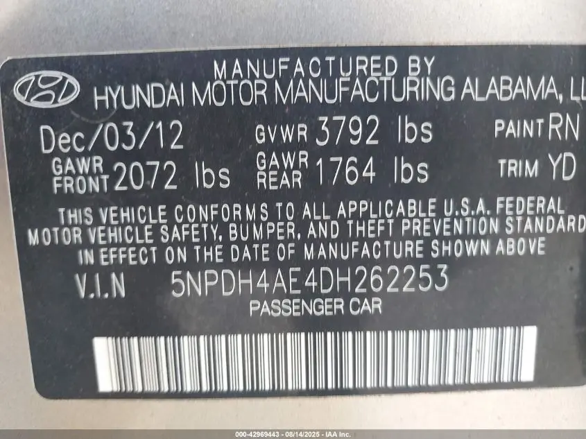2013 HYUNDAI ELANTRA GLS