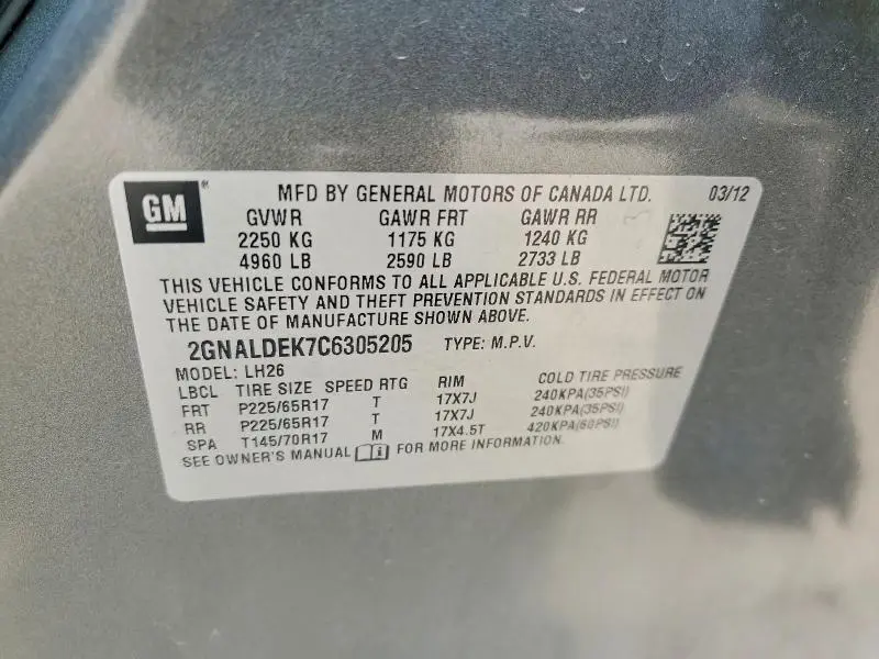2012 CHEVROLET EQUINOX LT  