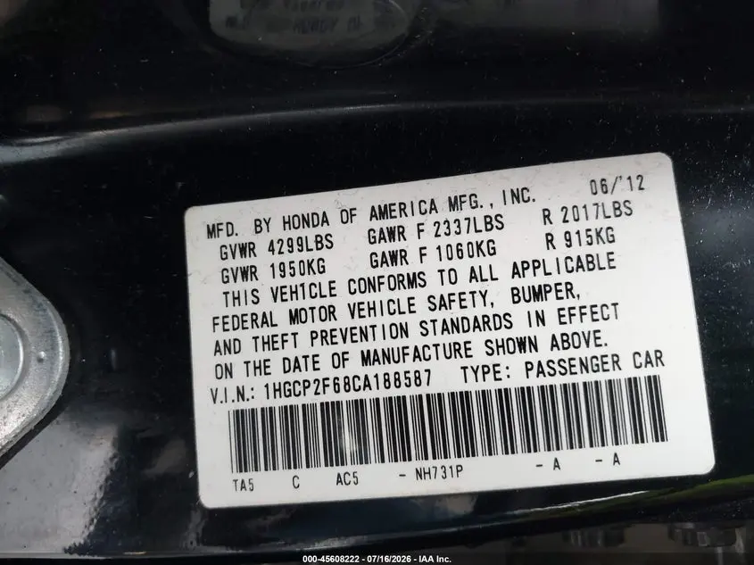 2012 HONDA ACCORD 2.4 SE