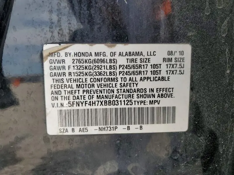 2011 HONDA PILOT EXLN  