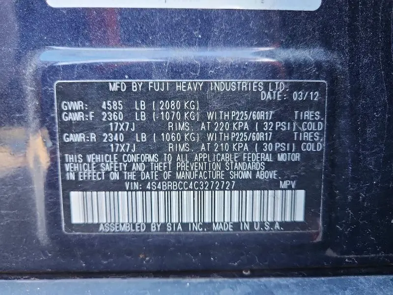 2012 SUBARU OUTBACK 2.5I PREMIUM  