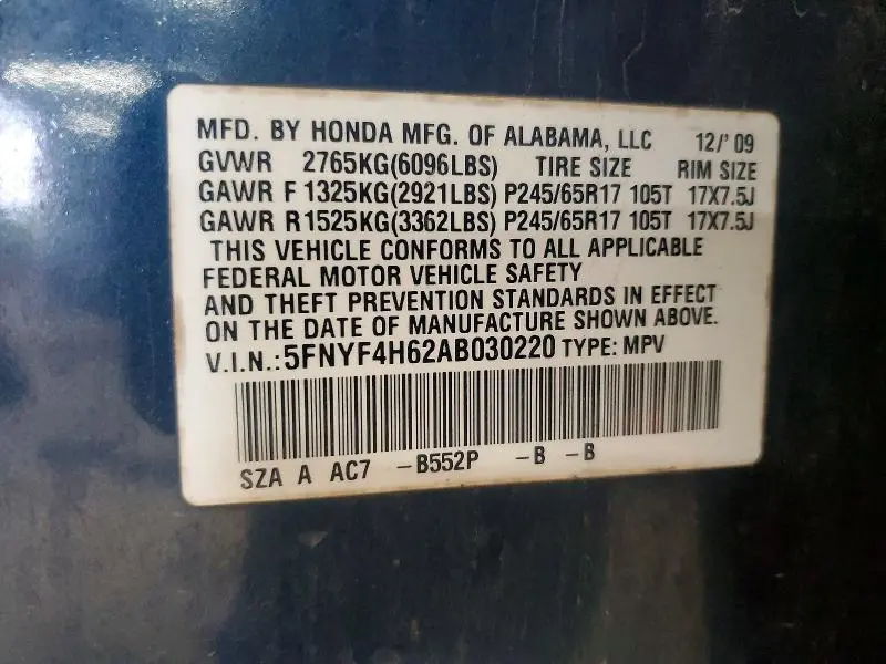 2010 HONDA PILOT EXL  