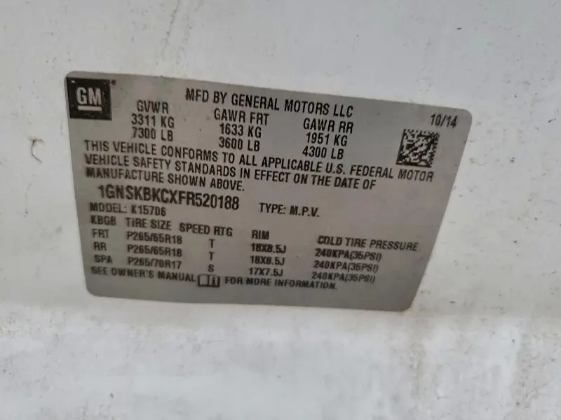 2015 CHEVROLET TAHOE K1500 LT  