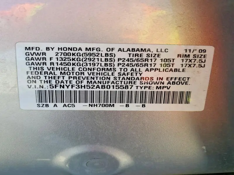2010 HONDA PILOT EXL  