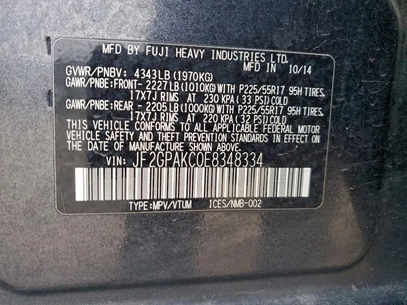 2014 SUBARU XV CROSSTREK 2.0 LIMITED  