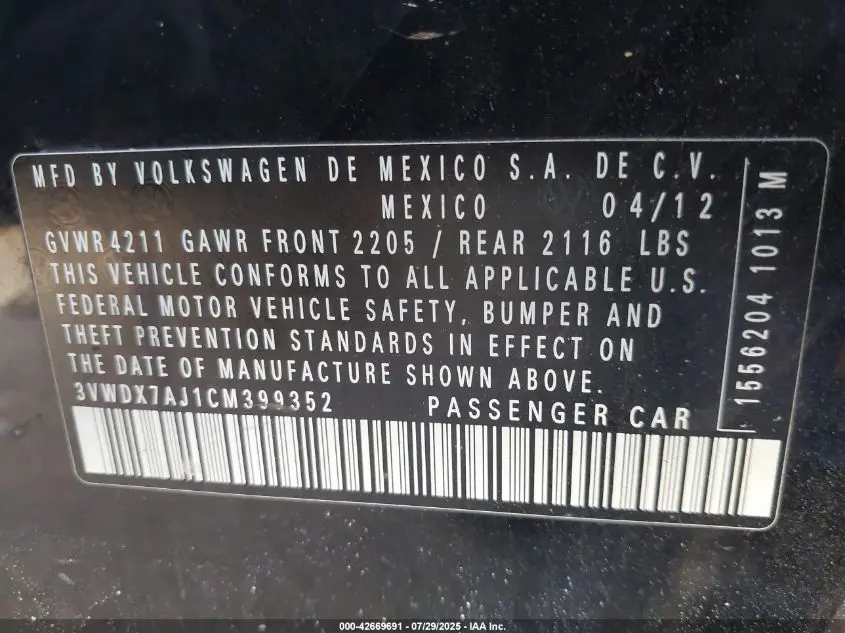 2012 VOLKSWAGEN JETTA 2.5L SE