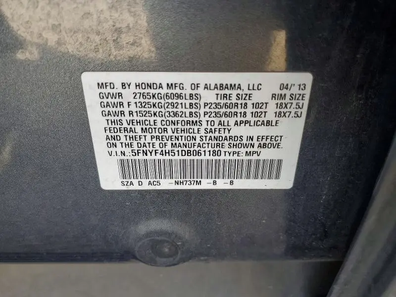 2013 HONDA PILOT EXL  