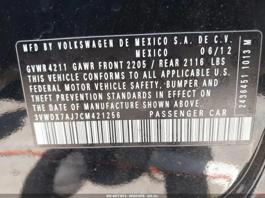 2012 VOLKSWAGEN JETTA 2.5L SE