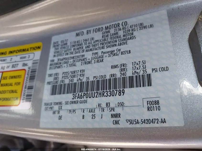 2017 FORD FUSION HYBRID S