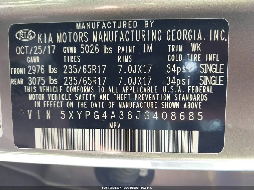 2018 KIA SORENTO 2.4L L