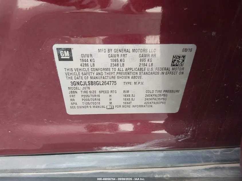 2016 CHEVROLET TRAX LT