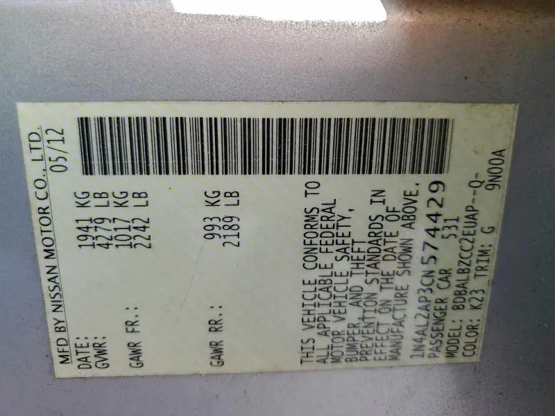 2012 NISSAN ALTIMA BASE  