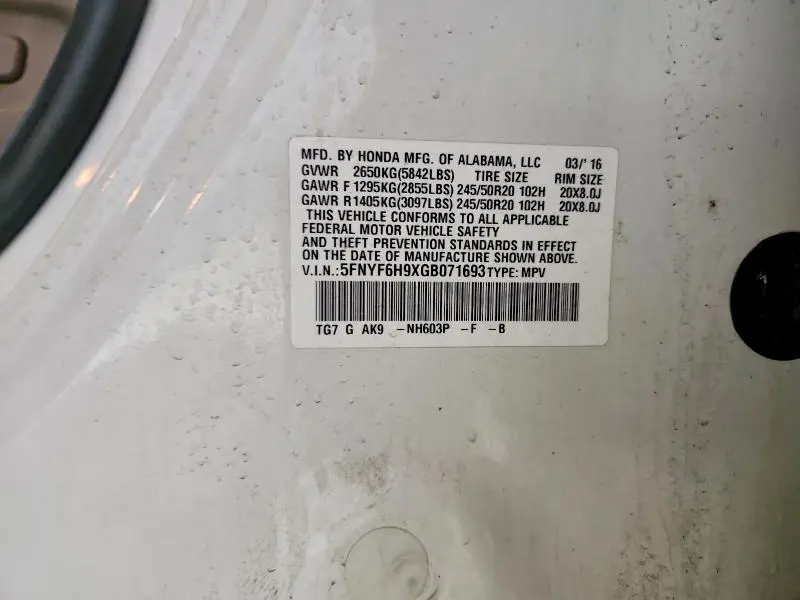2016 HONDA PILOT TOURING  