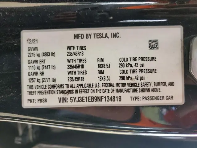 2022 TESLA MODEL 3 