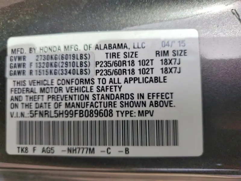 2015 HONDA ODYSSEY TOURING  