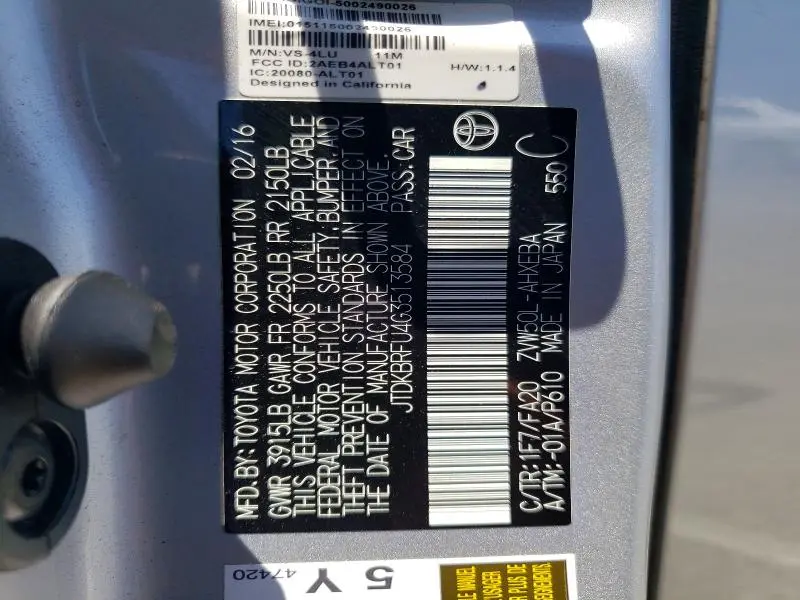 2016 TOYOTA PRIUS TWO  