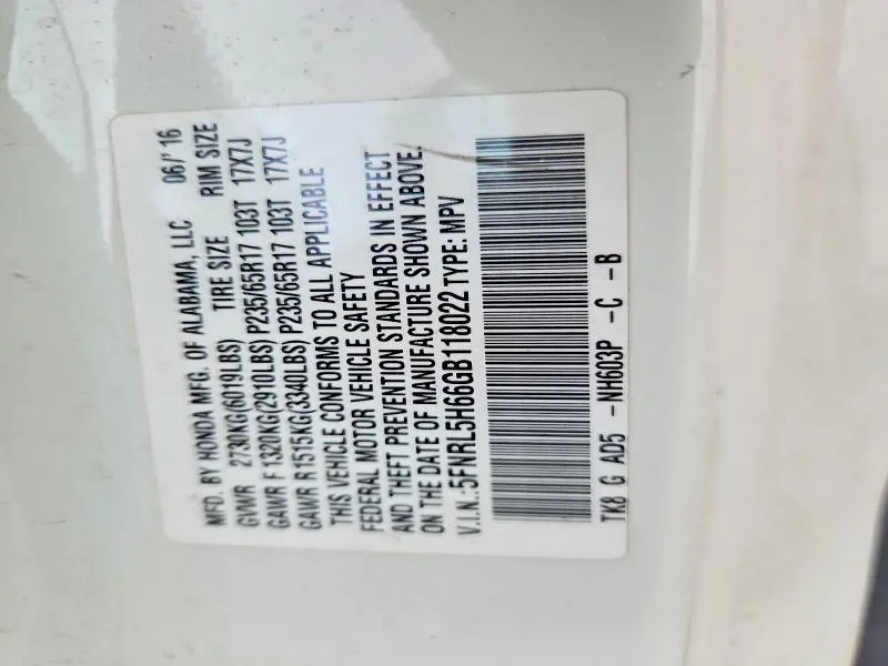 2016 HONDA ODYSSEY EXL  