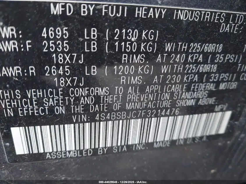 2015 SUBARU OUTBACK 2.5I LIMITED