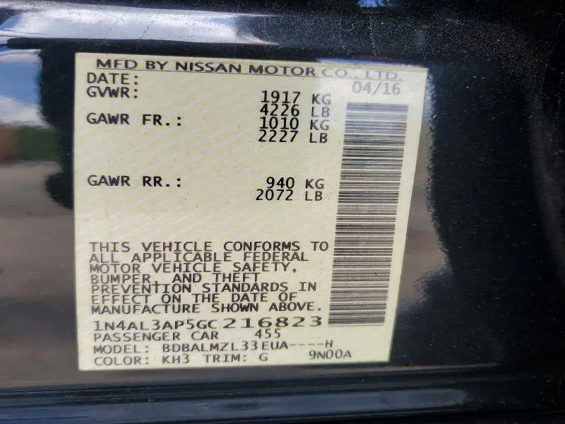 2016 NISSAN ALTIMA 2.5 SV  