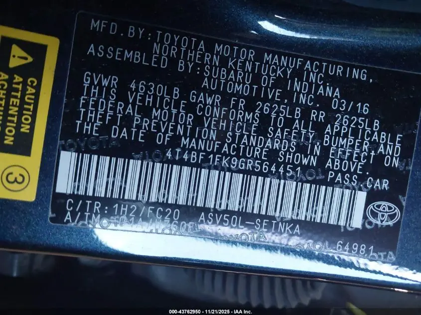 2016 TOYOTA CAMRY LE