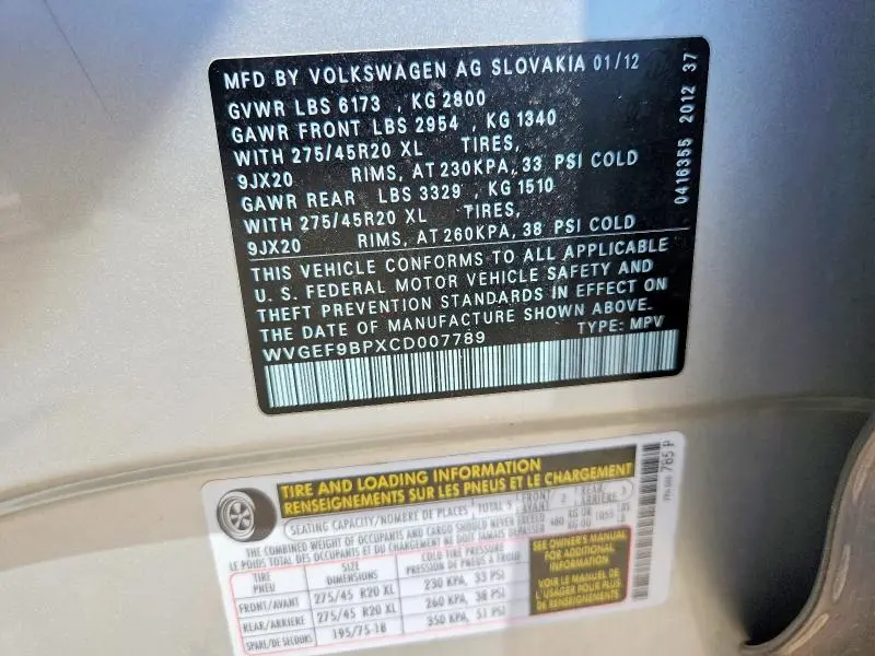 2012 VOLKSWAGEN TOUAREG V6  