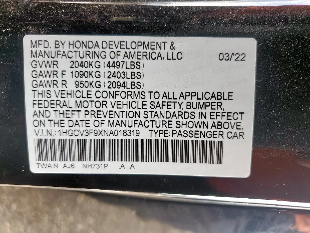 2022 HONDA ACCORD TOURING HYBRID  