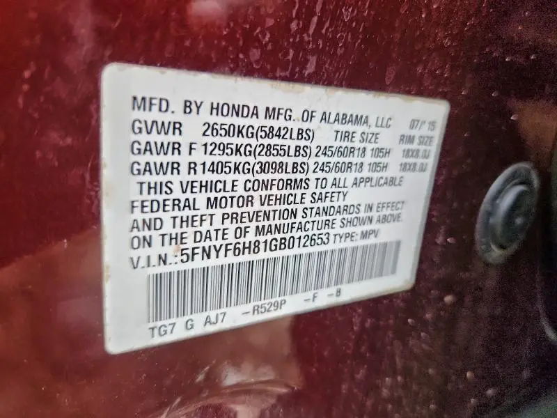 2016 HONDA PILOT EXL  