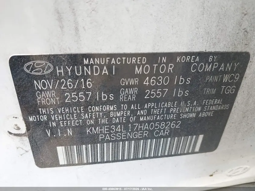 2017 HYUNDAI SONATA HYBRID LIMITED