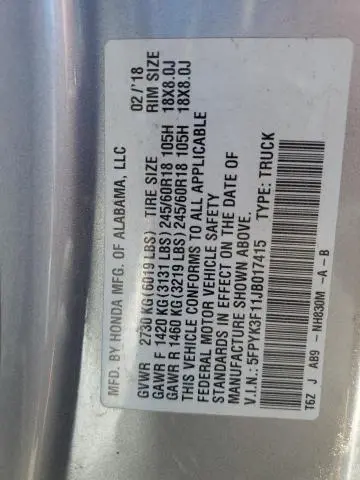 2018 HONDA RIDGELINE SPORT  