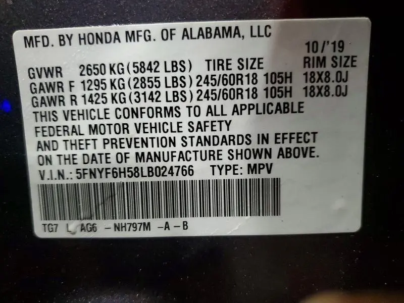 2020 HONDA PILOT EXL  