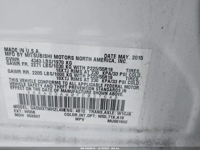 2015 MITSUBISHI OUTLANDER SPORT ES