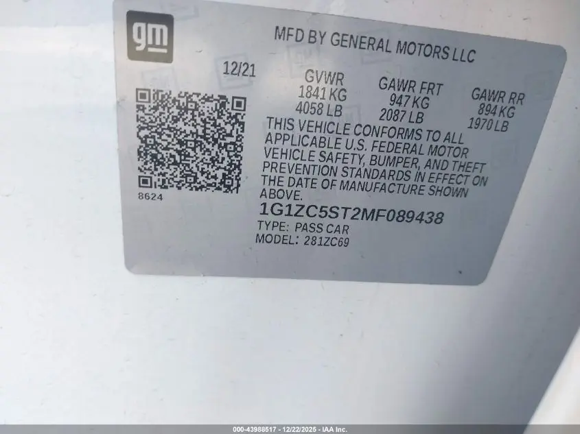 2021 CHEVROLET MALIBU FWD 1FL