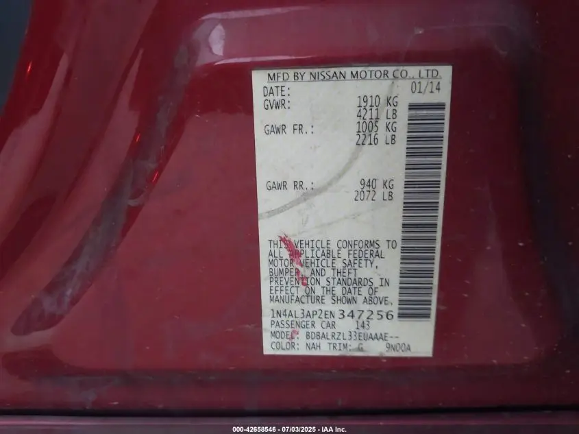 2014 NISSAN ALTIMA 2.5 S