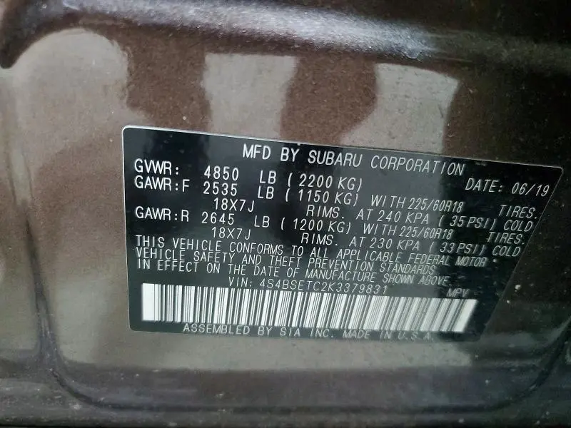 2019 SUBARU OUTBACK TOURING  