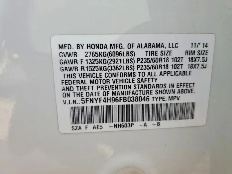 2015 HONDA PILOT TOURING  