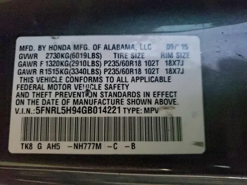 2016 HONDA ODYSSEY TOURING  