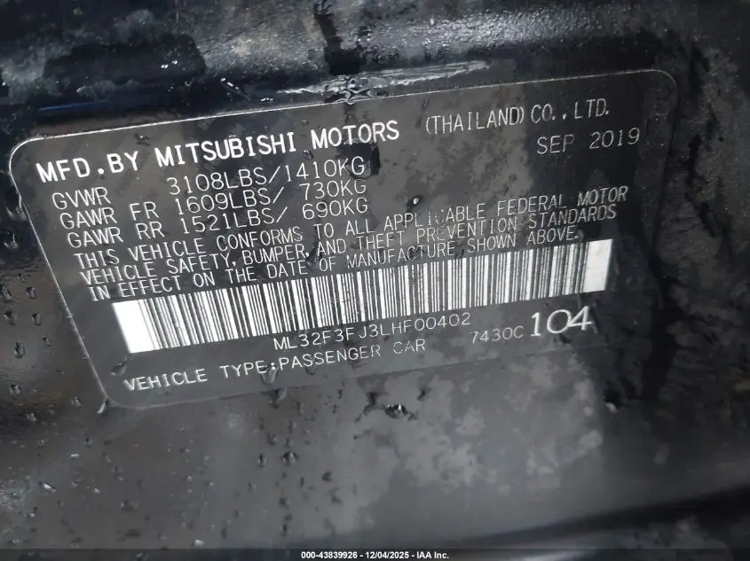 2020 MITSUBISHI MIRAGE G4 ES