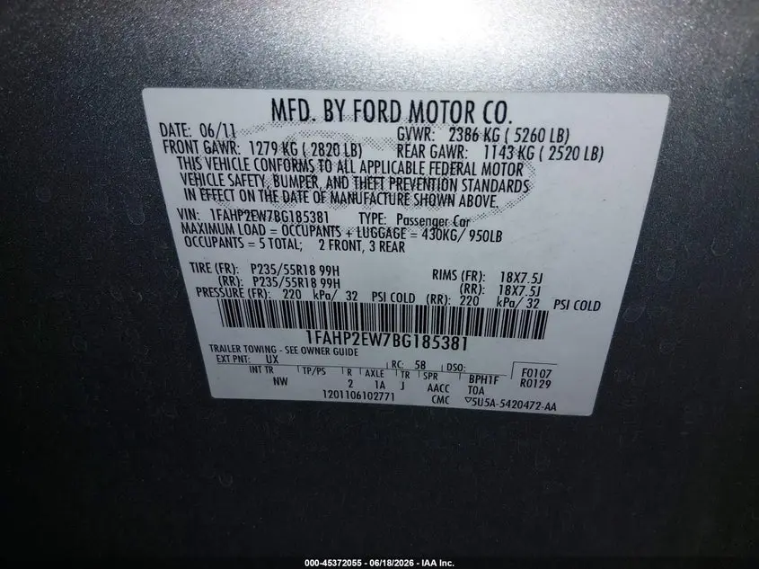 2011 FORD TAURUS SEL