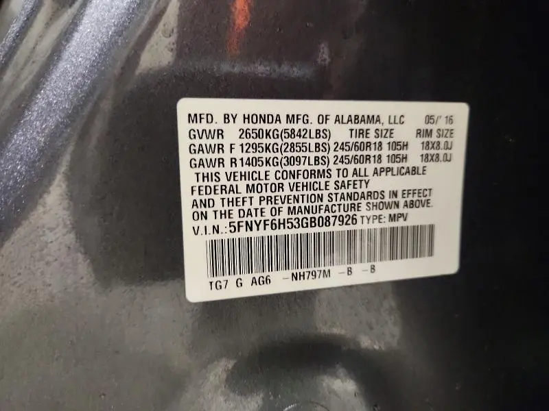 2016 HONDA PILOT EXL  