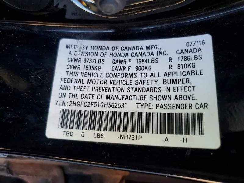 2016 HONDA CIVIC LX  