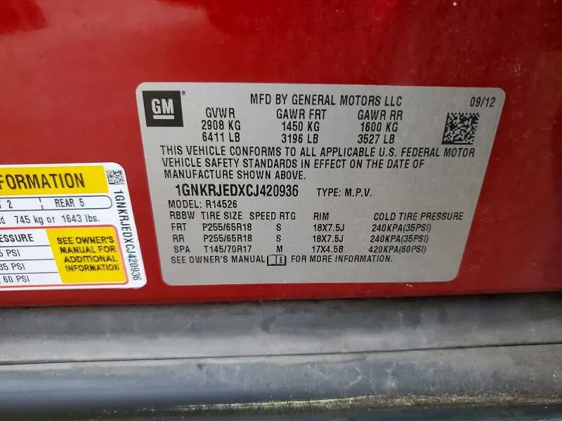 2012 CHEVROLET TRAVERSE LT  