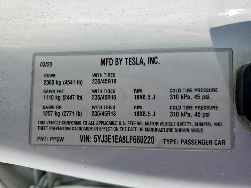 2020 TESLA MODEL 3   