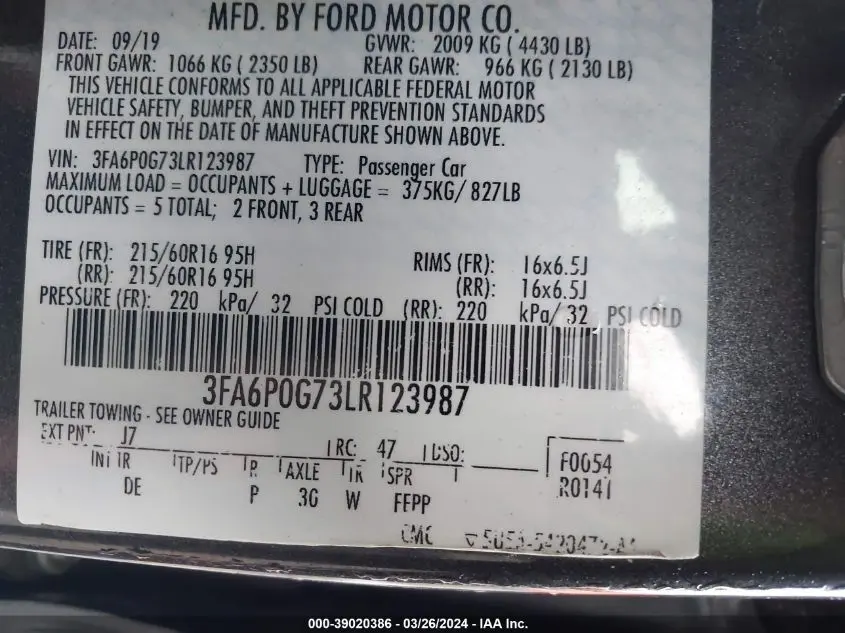 2020 FORD FUSION S