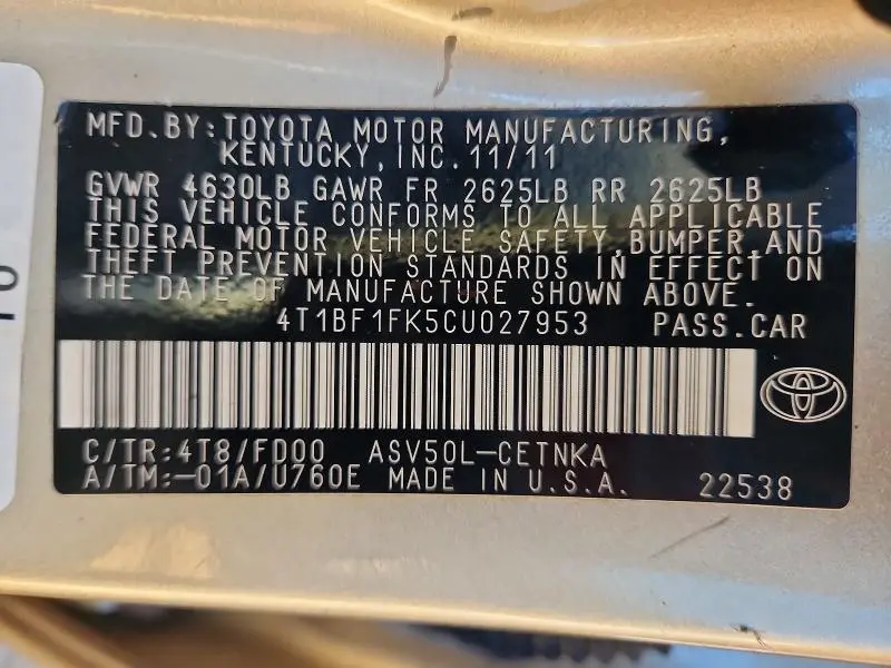 2012 TOYOTA CAMRY LE  