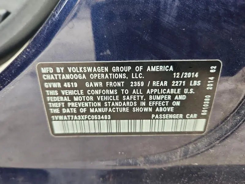 2015 VOLKSWAGEN PASSAT S  