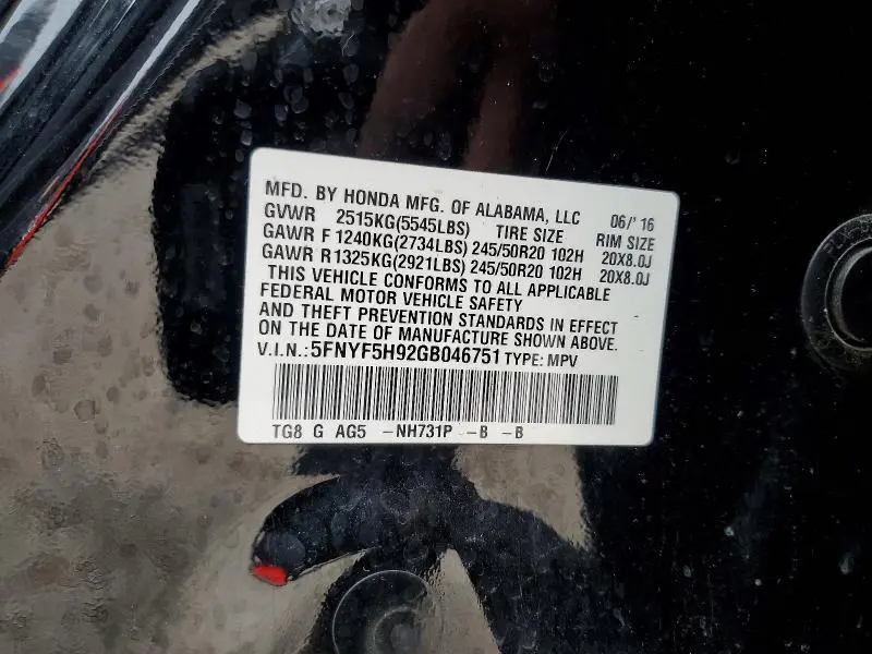 2016 HONDA PILOT TOURING  