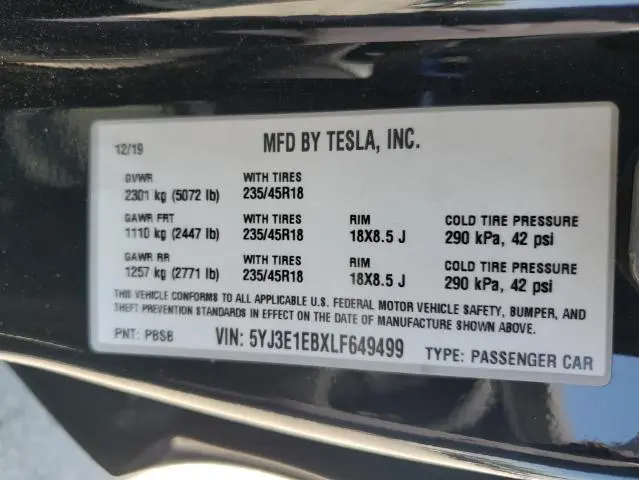 2020 TESLA MODEL 3