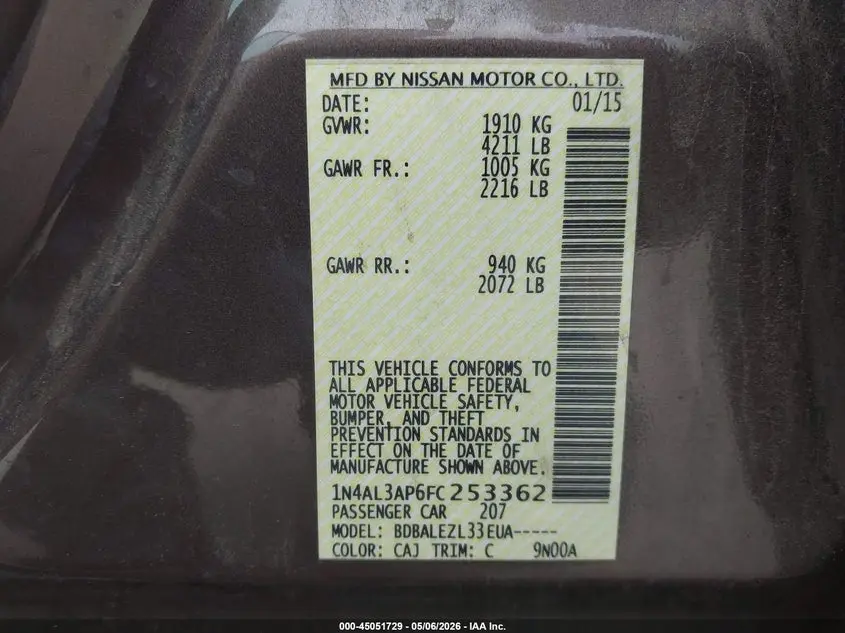 2015 NISSAN ALTIMA 2.5/2.5 S/2.5 SL/2.5 SV