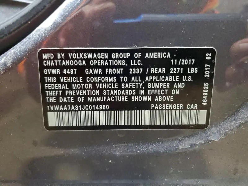2018 VOLKSWAGEN PASSAT S  