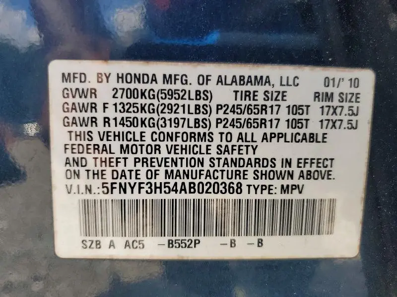 2010 HONDA PILOT EXL  